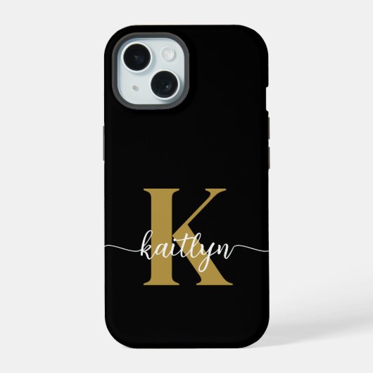Black Gold Script Monogram iPhone 15 Hülle (Rückseite)