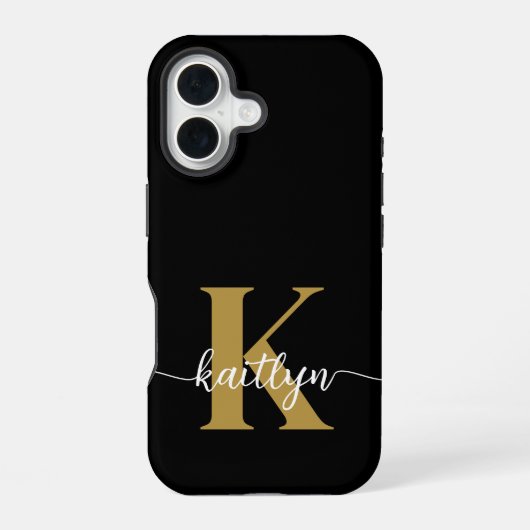 Black Gold Script Monogram iPhone 16 Hülle (Rückseite)