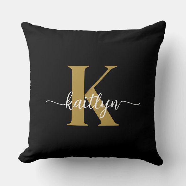 Black Gold Script Monogram Kissen (Vorderseite)