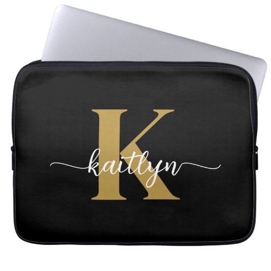 Black Gold Script Monogram Laptopschutzhülle (Vorderseite)