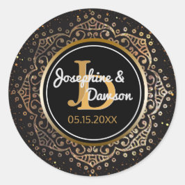 Black Gold Script Monogram | Mandala Gastgeschenk  Runder Aufkleber
