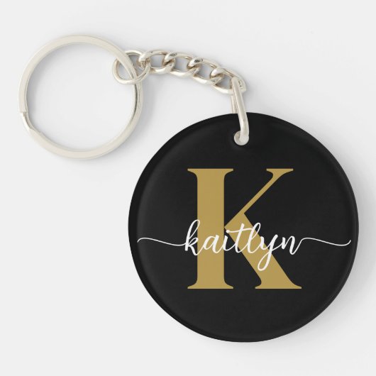 Black Gold Script Monogram Schlüsselanhänger (Vorderseite)