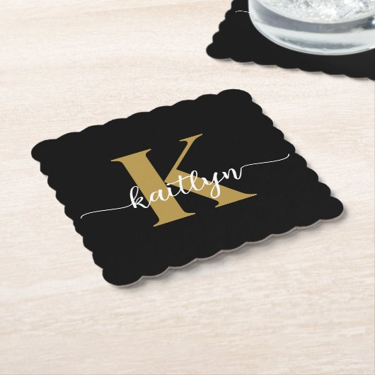 Black Gold Script Monogram Untersetzer (angewinkelt)