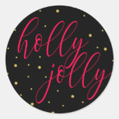 Black & Gold Script Red Holly Jolly Weihnachten Runder Aufkleber (Vorderseite)