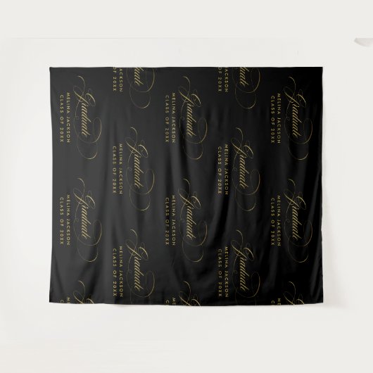 "Black & Gold Script Step & Repeat Graduation Part Wandteppich (Vorderseite (Horizontal))