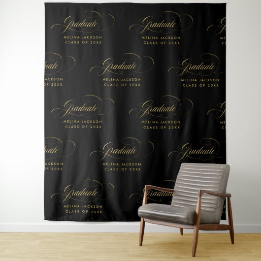 "Black & Gold Script Step & Repeat Graduation Part Wandteppich (Beispiel)