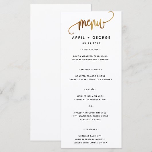 Black Gold Script Typografy Wedding Menu Menükarte (Vorne/Hinten)