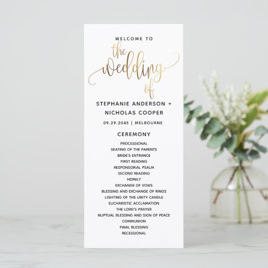 Black Gold Script Typografy Wedding Program (Stehend Vorderseite)