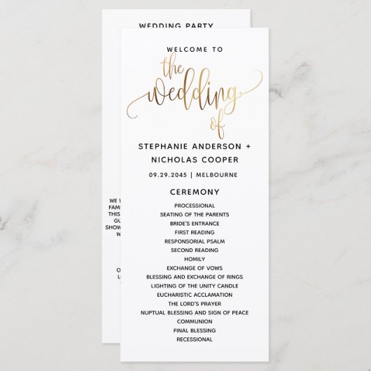 Black Gold Script Typografy Wedding Program (Vorne/Hinten)