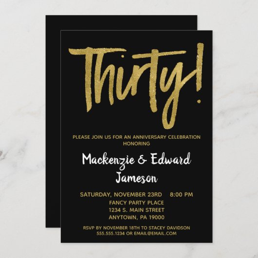 Black Gold Script zum 30-jährigen Jubiläum Einladu Einladung (Vorne/Hinten)