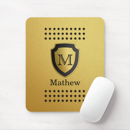 Black Gold Shield Monogram Name Star Muster Mantel Mousepad (Mit Mouse)