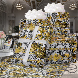 Black Gold Silver Floral Damask Acanthus Leaf Geschenkpapier