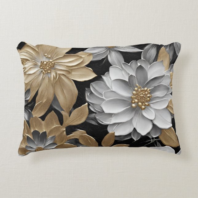 Black Gold Silver Floral Dekokissen (Vorderseite)