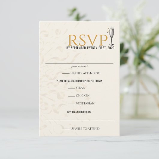 Black & Gold Silvester Hochzeit RSVP Karte (Stehend Vorderseite)