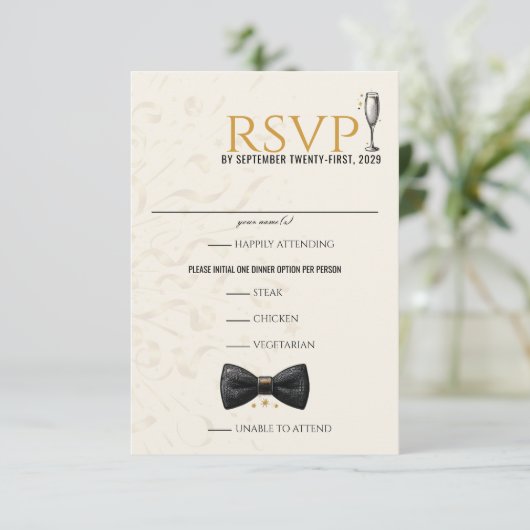 Black & Gold Silvester Hochzeit RSVP Karte (Stehend Vorderseite)