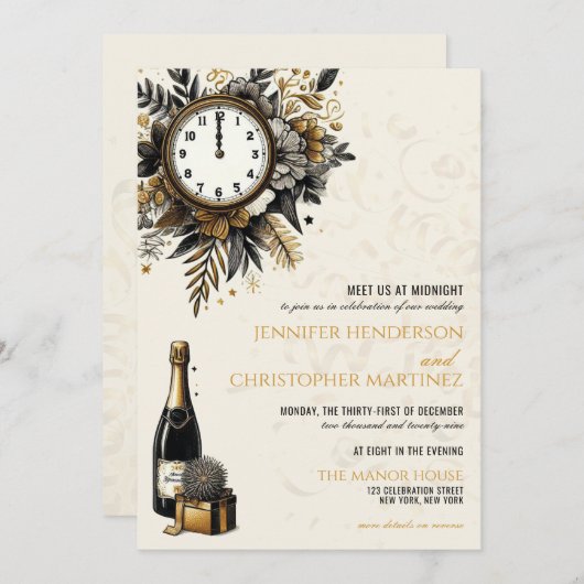 Black & Gold Silvester QR Einladung zur Hochzeit (Vorne/Hinten)