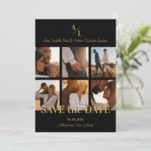 Black & Gold Simple Classic 6 Multi-Fotos Collage Save The Date (Stehend Vorderseite)