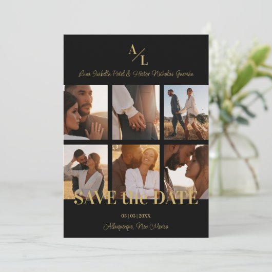 Black & Gold Simple Classic 6 Multi Photos Collage Save The Date (Stehend Vorderseite)