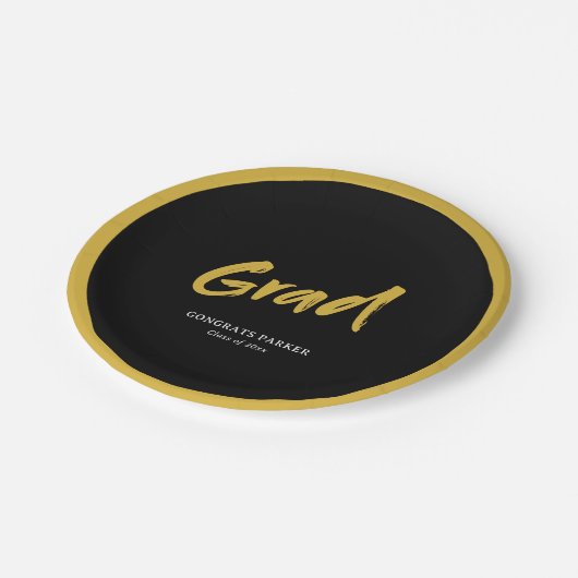 Black & Gold Simple Modern Brush Script Abschluss Pappteller (Schrägansicht)