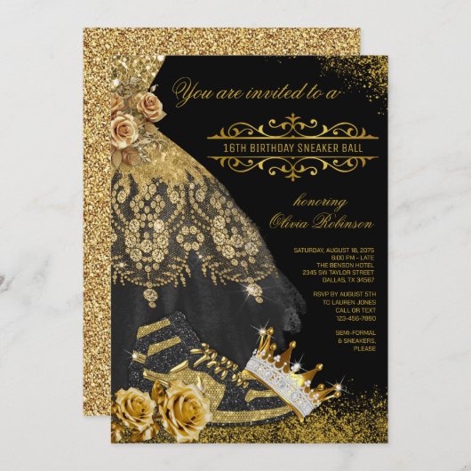 Black Gold Sneakers Gown Crown Sneaker Ball Einladung (Vorne/Hinten)