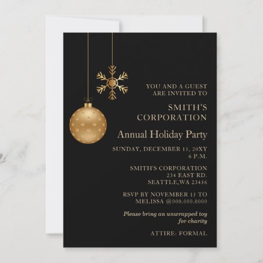 Black Gold Snowflakes Corporate Holiday Party Einladung (Vorderseite)