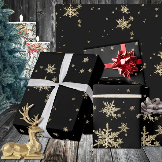 Black & Gold Snowflakes Dramatischer Urlaub Geschenkpapier