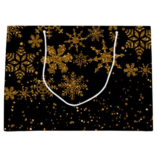 Black & Gold Snowflakes Stars Frohe Weihnachten Große Geschenktüte (Vorderseite)