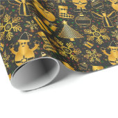 Black Gold Snowmen und Weihnachtsbaum Geschenkwrap Geschenkpapier (Rolleneckpunkt)