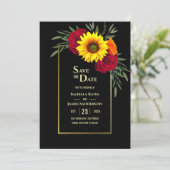 Black Gold Sonnenblumen Burgund Rose Wedding Rette Save The Date (Stehend Vorderseite)