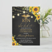 Black Gold Sonnenblumen RN Nursing School Abschlus Einladung (Stehend Vorderseite)