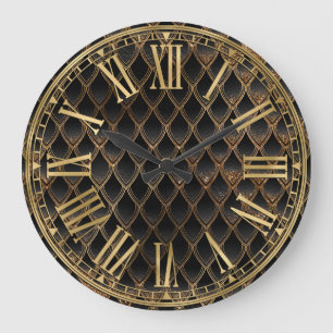 Black & Gold Sparkle Dragon Scales Große Wanduhr