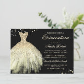 Black Gold Sparkle Dress Quinceanera Einladung (Stehend Vorderseite)