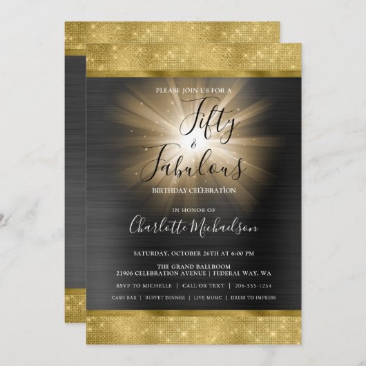 Black Gold Sparkle Glam Fifty & Fabulous Geburtsta Einladung (Vorne/Hinten)