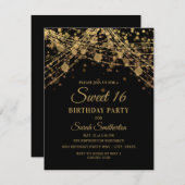 Black Gold Sparkle Glitzer String Lights Sweet 16 Einladung (Vorne/Hinten)