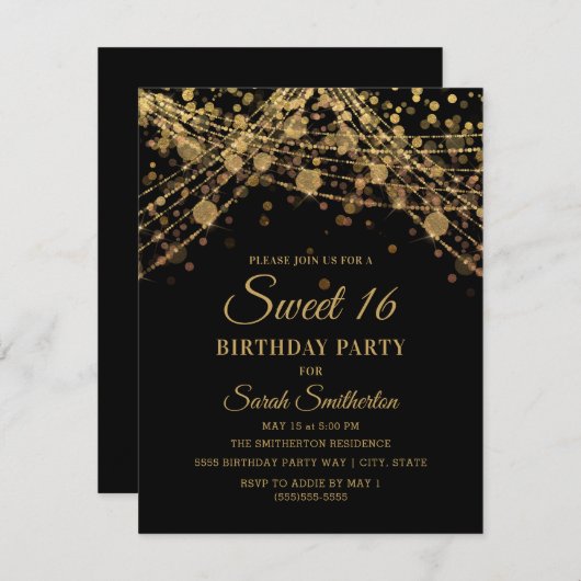Black Gold Sparkle Glitzer String Lights Sweet 16 Einladung (Vorne/Hinten)