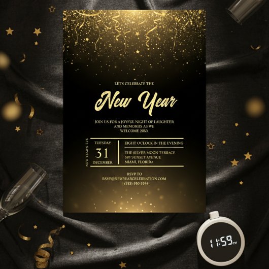 Black Gold Sparkle New Year Party Invitation Einladung