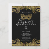 Black & Gold Spitzen Masquerade 15. Quinceañera Einladung (Vorderseite)