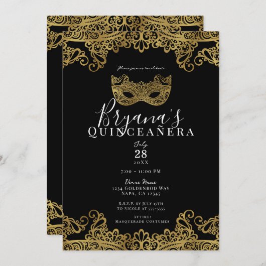 Black & Gold Spitzen Masquerade 15. Quinceañera Einladung (Vorne/Hinten)