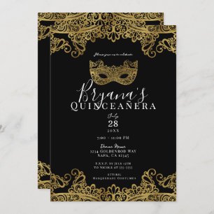 Black & Gold Spitzen Masquerade 15. Quinceañera Einladung