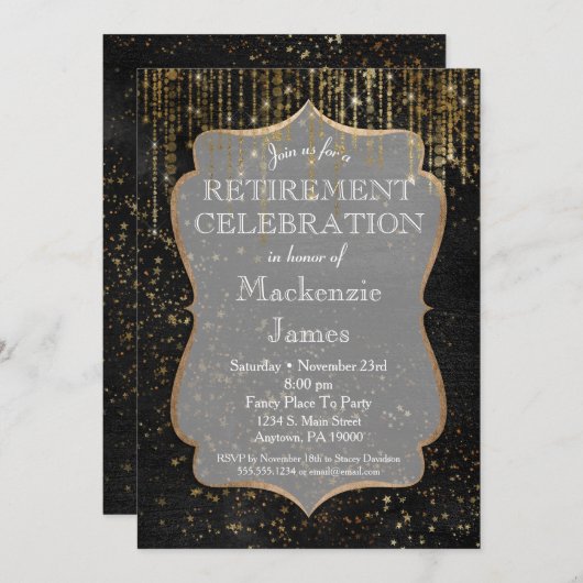 Black-Gold-Star-Bling-Rente-Party Einladung (Vorne/Hinten)