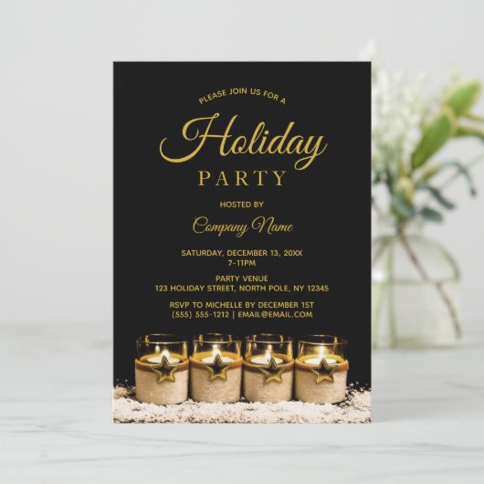 Black Gold Star Candle Corporate Holiday Party Einladung (Stehend Vorderseite)