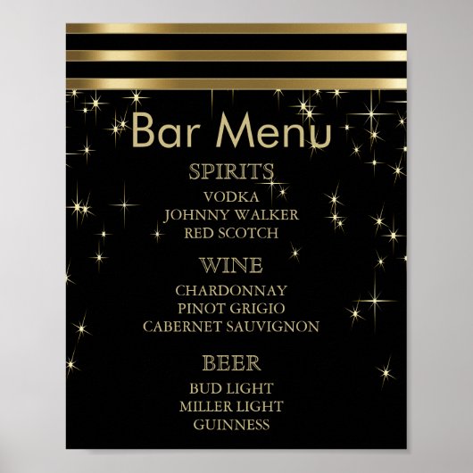 Black & Gold Starlights mit Bars - Bar Menu Poster (Vorne)