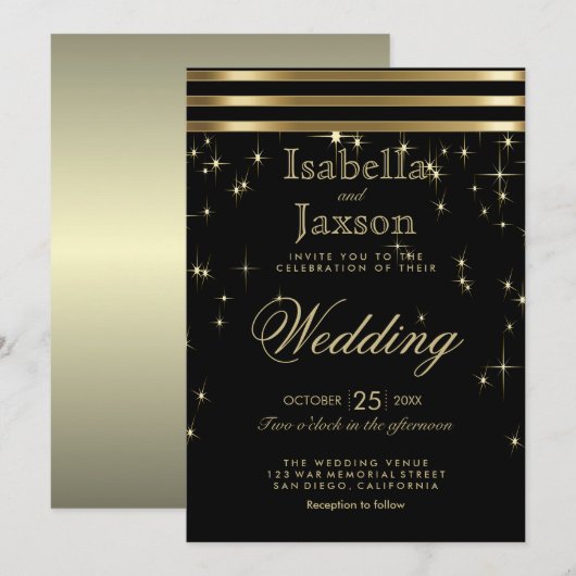 Black & Gold Starlights mit Bars Einladung (Vorne/Hinten)