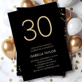 Black & Gold Stars 30. Geburtstag Einladung