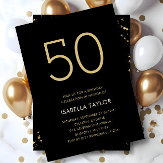 Black & Gold Stars 50. Geburtstag Einladung