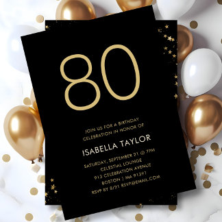 Black & Gold Stars 80. Geburtstag Einladung