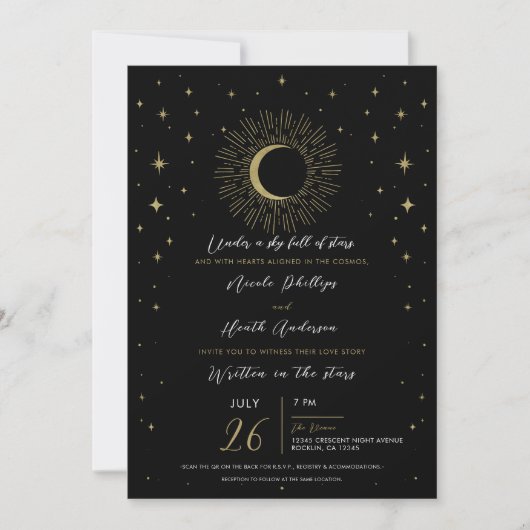 Black & Gold Stars Celestial Sunburst Moon Wedding Einladung (Vorderseite)
