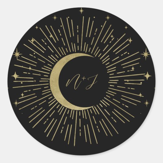 Black & Gold Stars Celestial Sunburst Moon Wedding Runder Aufkleber (Vorderseite)