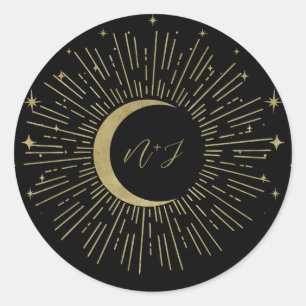 Black & Gold Stars Celestial Sunburst Moon Wedding Runder Aufkleber