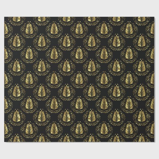Black & Gold Stilisierte Feather Moderne Damasken Geschenkpapier (Flach)